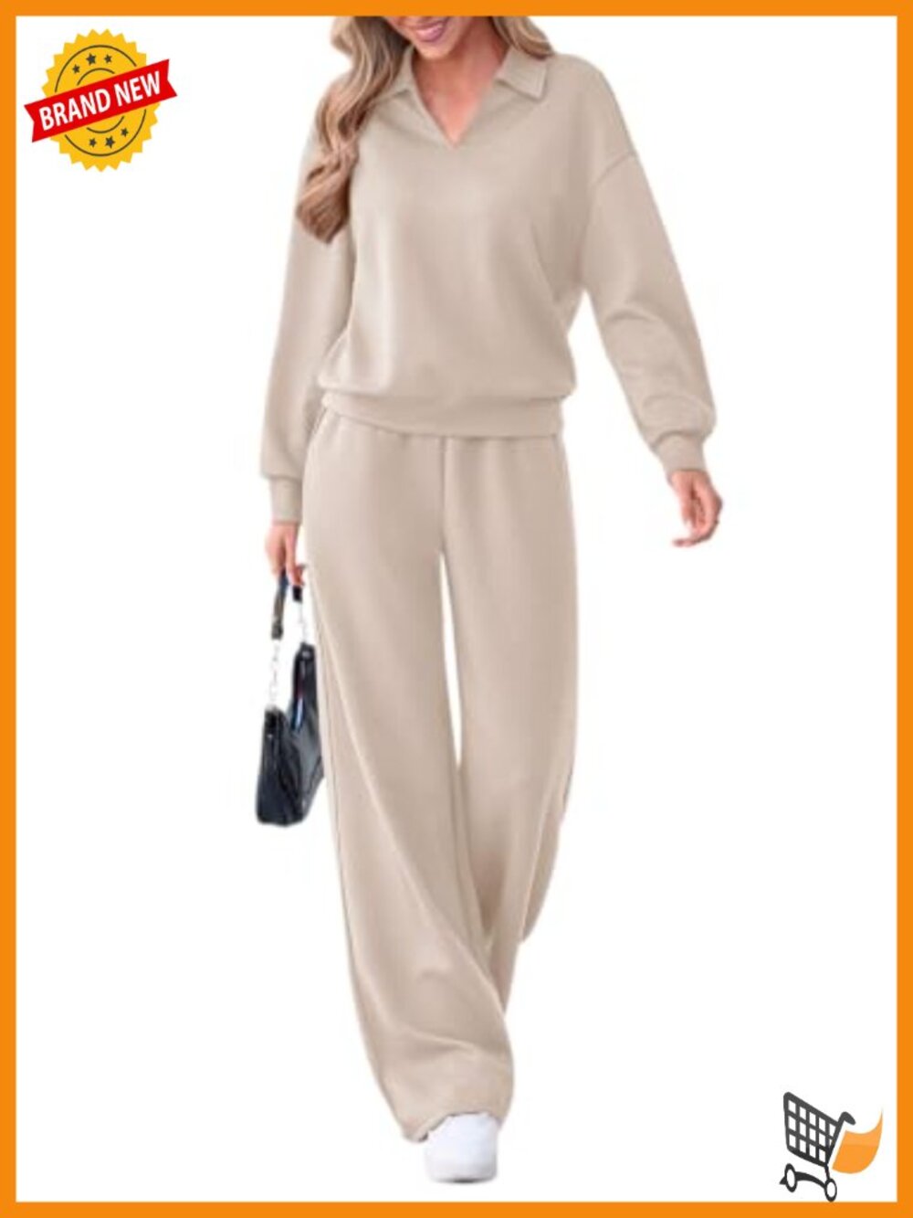 Womens 2 Piece Sweatsuit Set Polo Collar Top Wide Leg Pants Loungewear